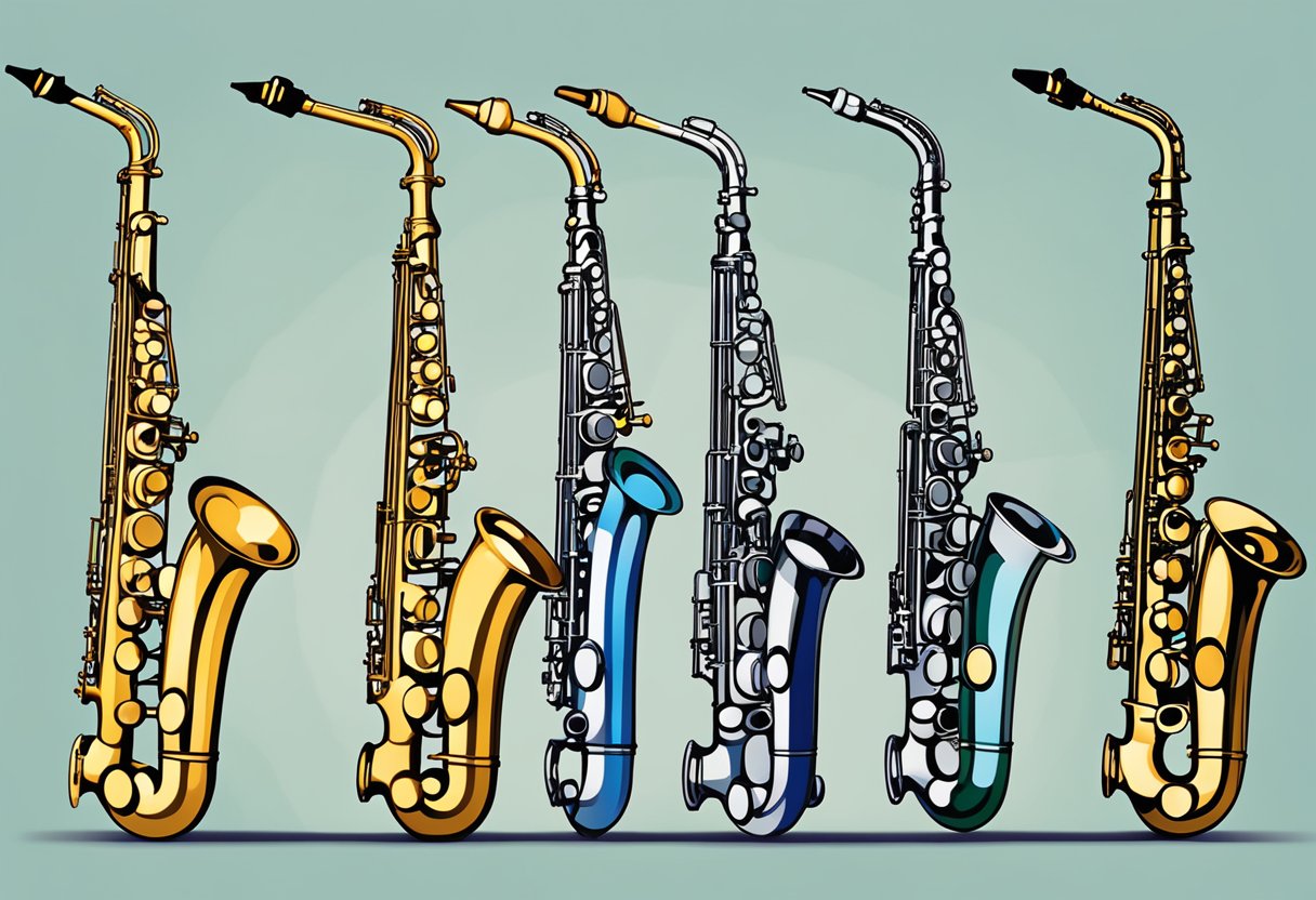 A lineup of top saxophone manufacturers' logos on display