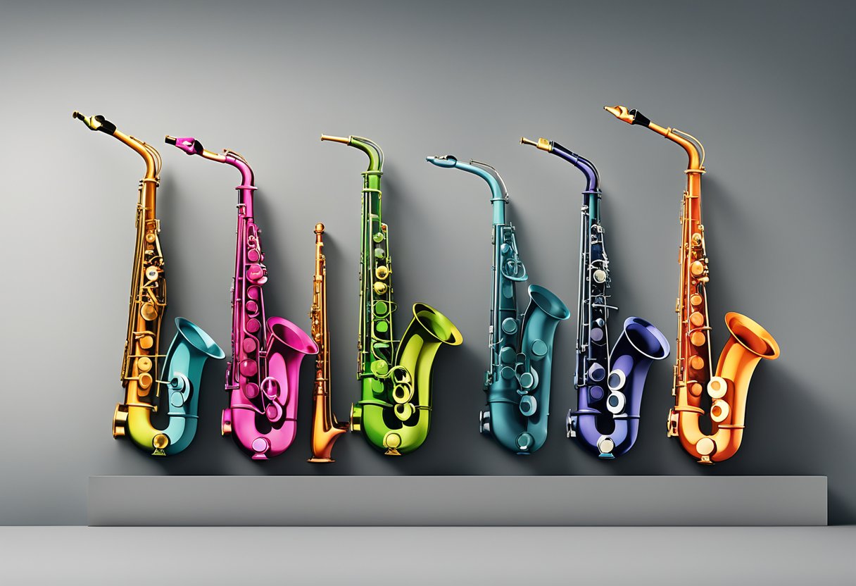 A lineup of saxophone manufacturers' logos displayed on a panoramic backdrop