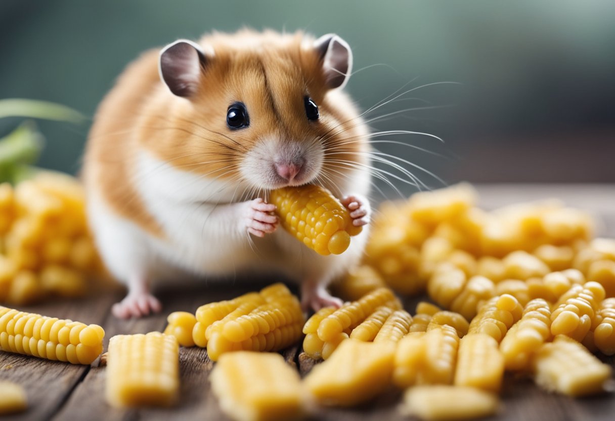 A hamster nibbles on a piece of corn, its tiny paws holding the kernel as it chews