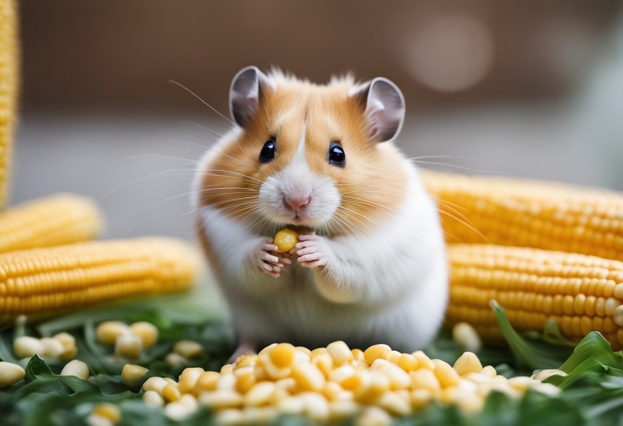 A hamster sits by a small pile of corn, sniffing and nibbling on a few kernels