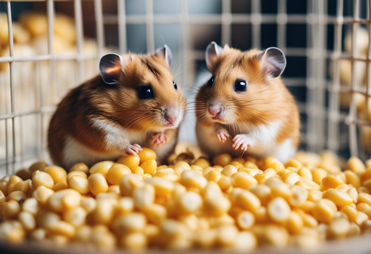 Hamsters nibble on corn kernels in a cozy cage setting