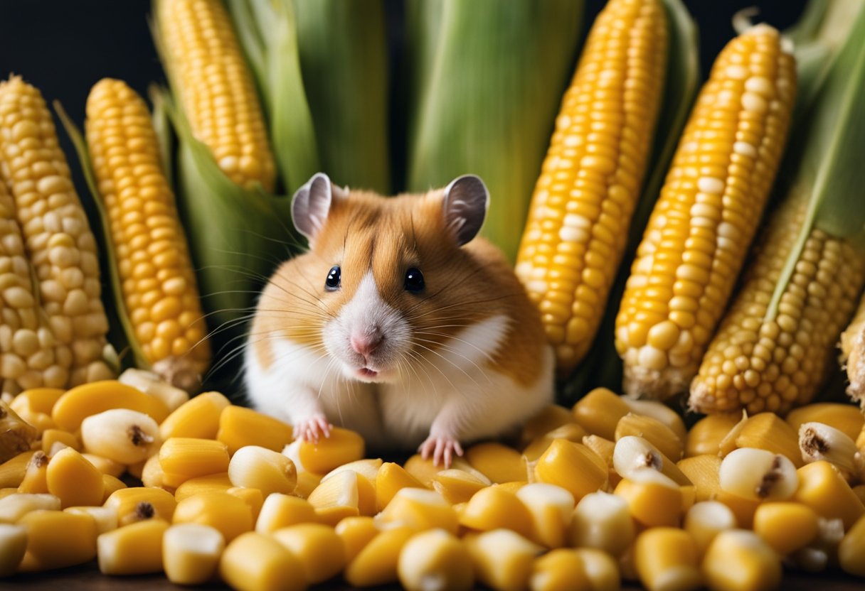 A hamster surrounded by various types of corn, such as corn kernels, corn on the cob, and corn husks, with a curious expression on its face