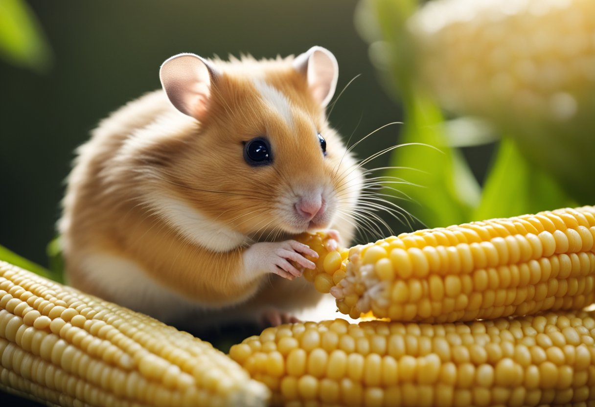 A hamster nibbles on a piece of corn, with a curious expression on its face