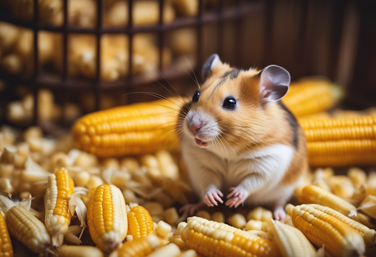 A hamster sitting in its cage, surrounded by scattered pieces of corn. Its small paws holding a piece of corn, nibbling on it curiously