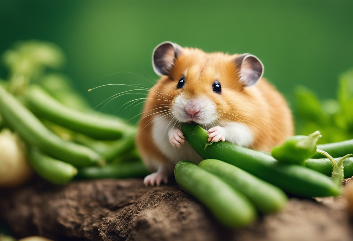 A hamster nibbles on a green bean, its small paws holding the vegetable as it chews