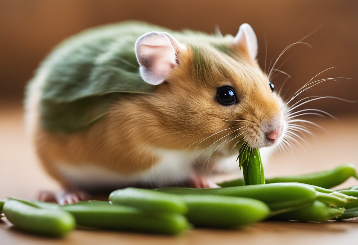 A hamster eagerly munches on a fresh green bean, its tiny paws holding the vegetable as it nibbles away. The bright green color and crisp texture of the bean are emphasized, highlighting its nutritional benefits for the small rodent