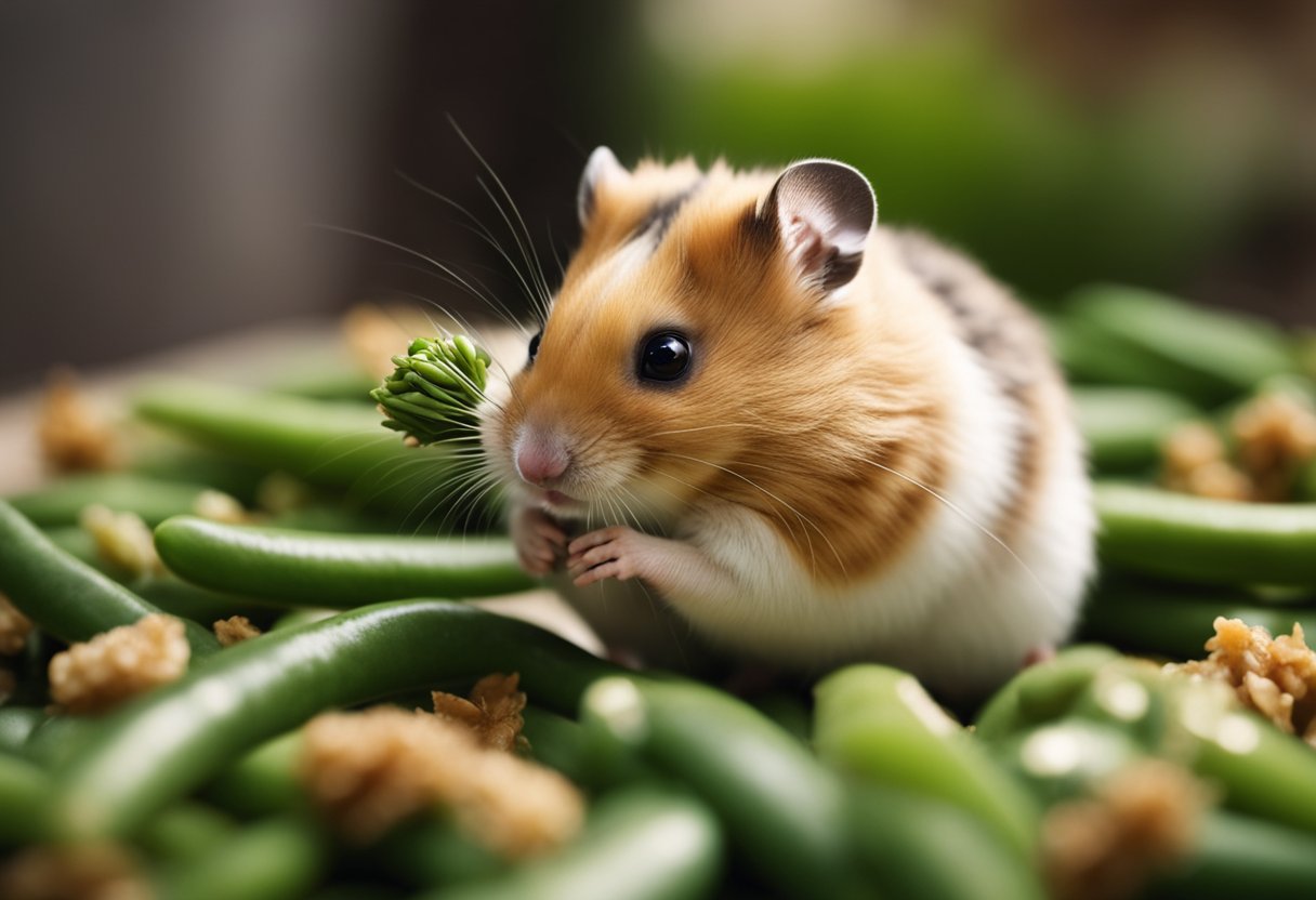 A hamster nibbles on a green bean, sitting in its cage
