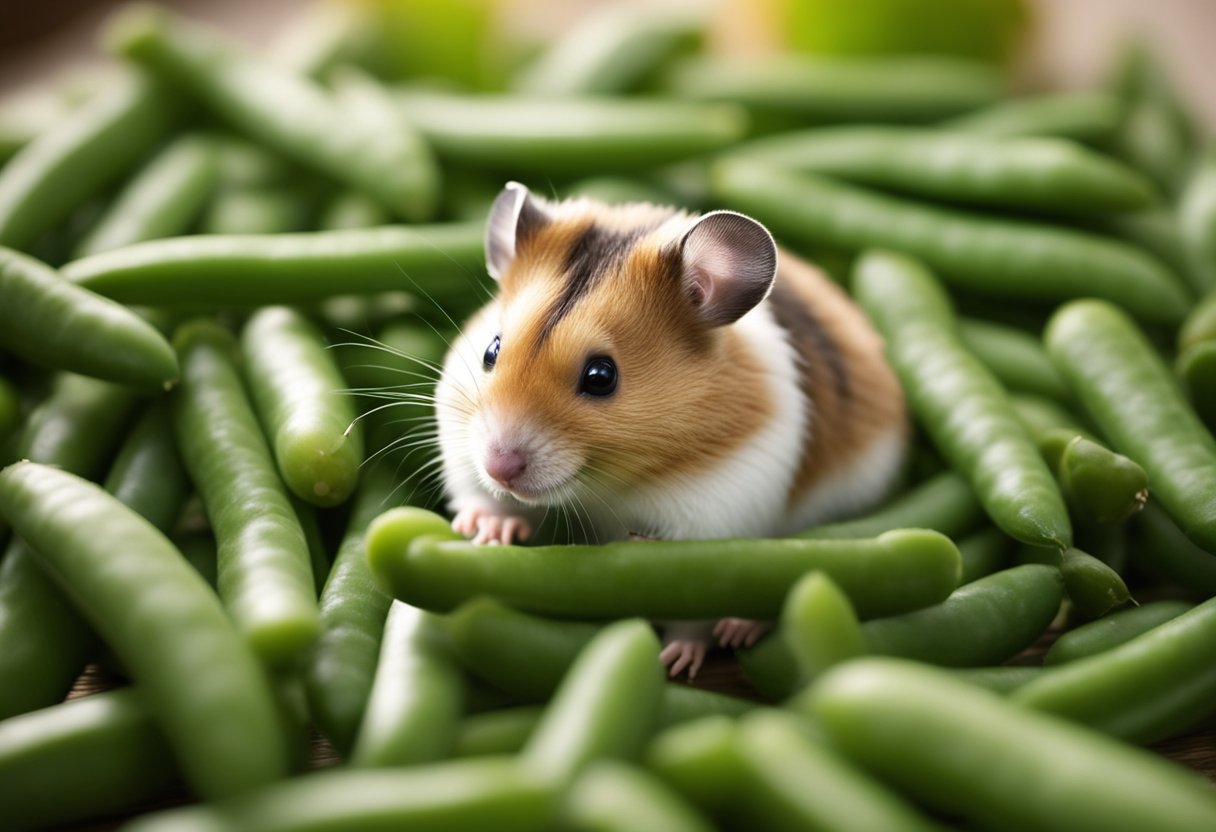 A hamster surrounded by green beans, some whole and some sliced, with a curious expression and sniffing the vegetables
