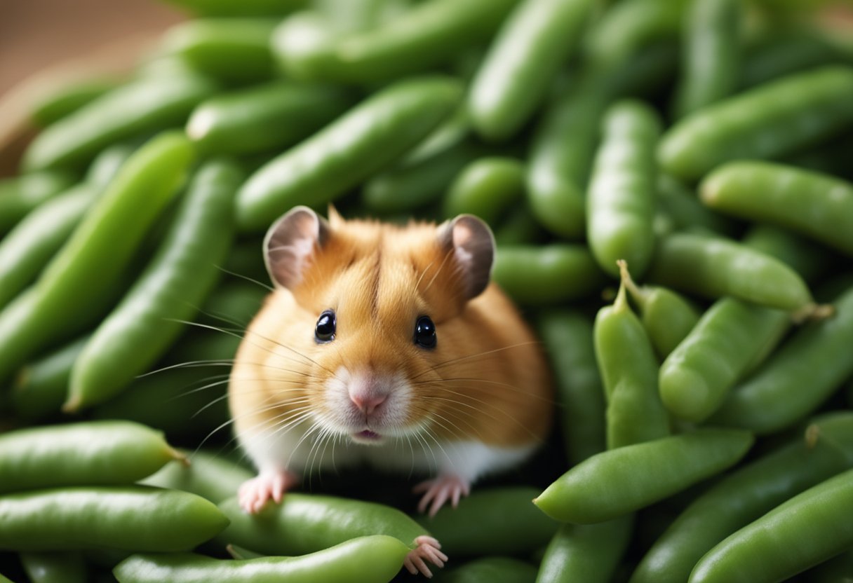 A hamster sits in front of a small pile of green beans, sniffing and nibbling on them with curiosity