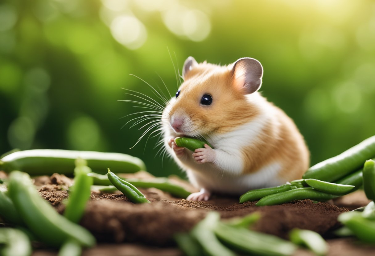 A hamster eagerly nibbles on a green bean, its tiny paws clutching the vegetable as it chews