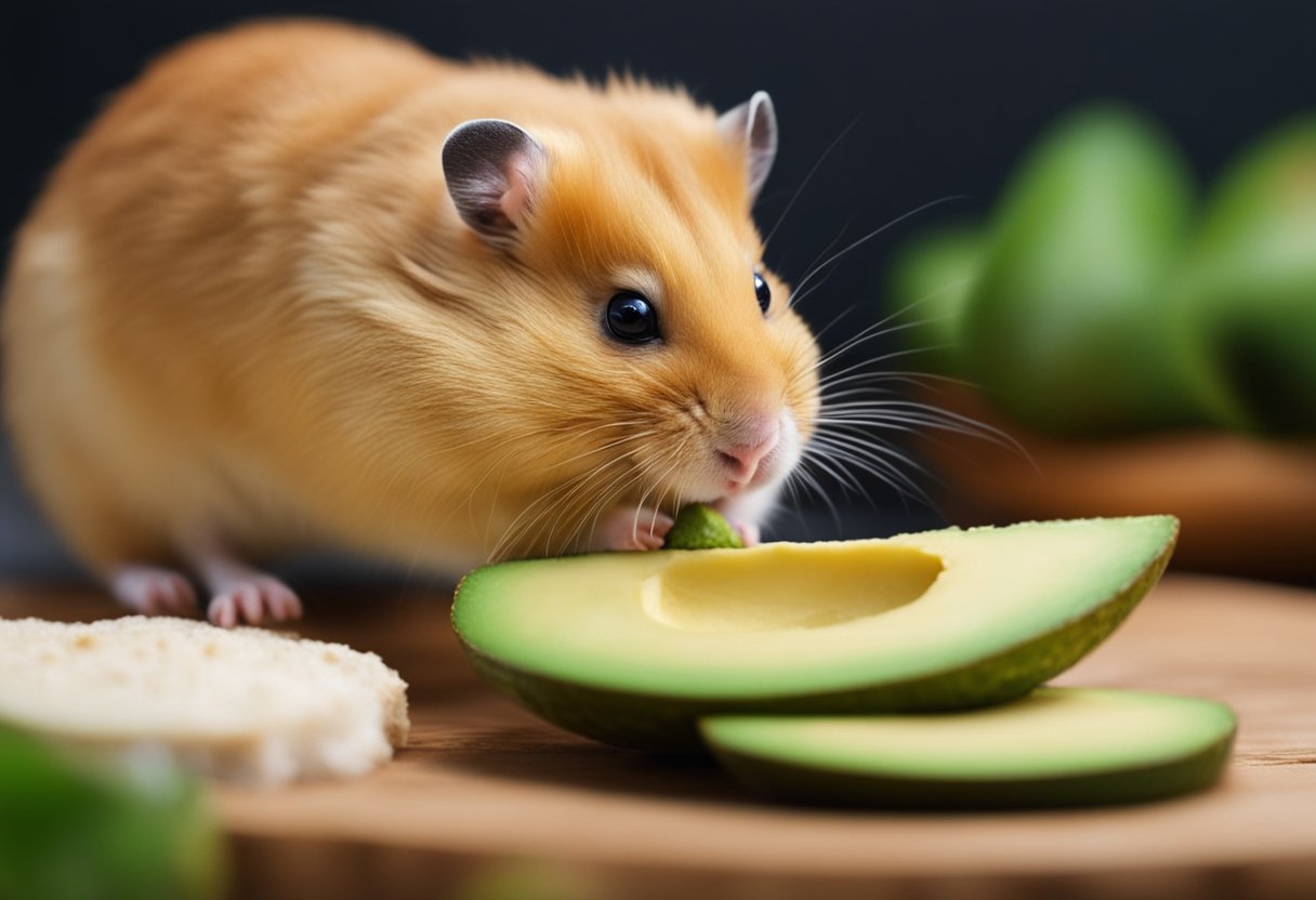 A hamster nibbles on a slice of avocado, its tiny paws holding the fruit steady