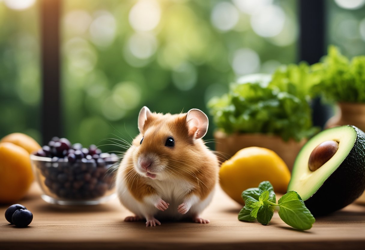A hamster sits near a bowl of mixed fruits and vegetables, with an avocado placed nearby