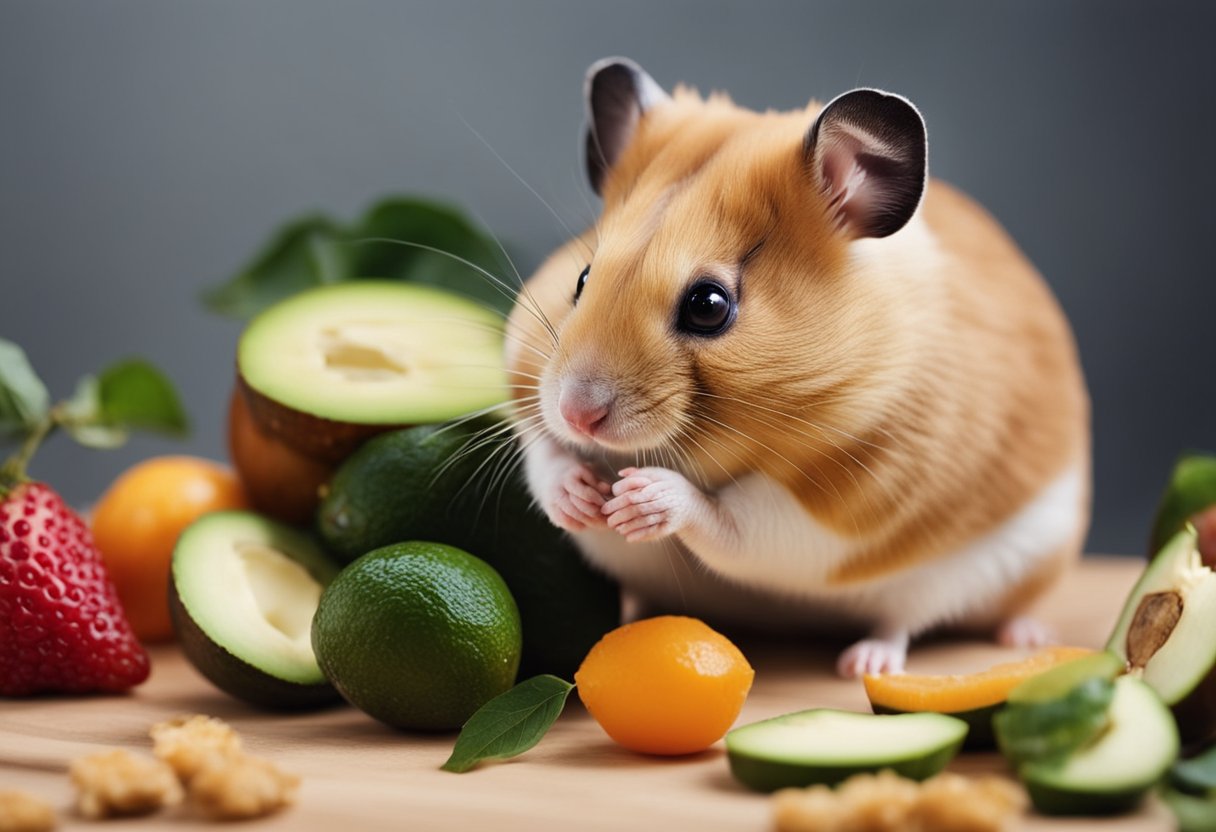 A hamster surrounded by various fruits, including an avocado. The hamster is nibbling on a small piece of avocado while other fruits are scattered around