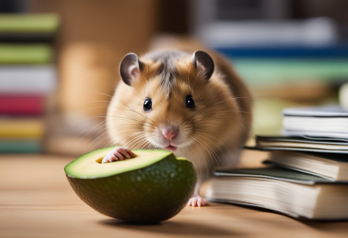 A curious hamster sniffs an avocado, while a pile of research papers on hamster diet sits nearby