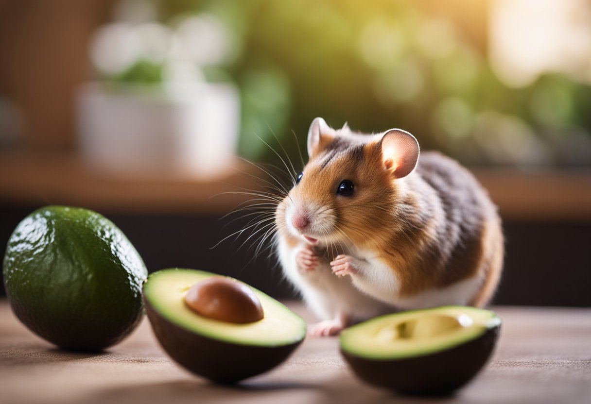 A curious hamster sits in front of a ripe avocado, sniffing and inspecting it with interest