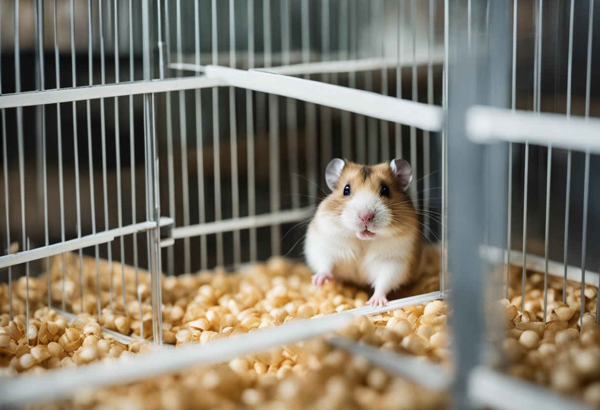 A variety of cages are displayed, with different sizes and features. A hamster is shown inside a spacious, well-ventilated cage with a secure door and plenty of room for exercise and exploration