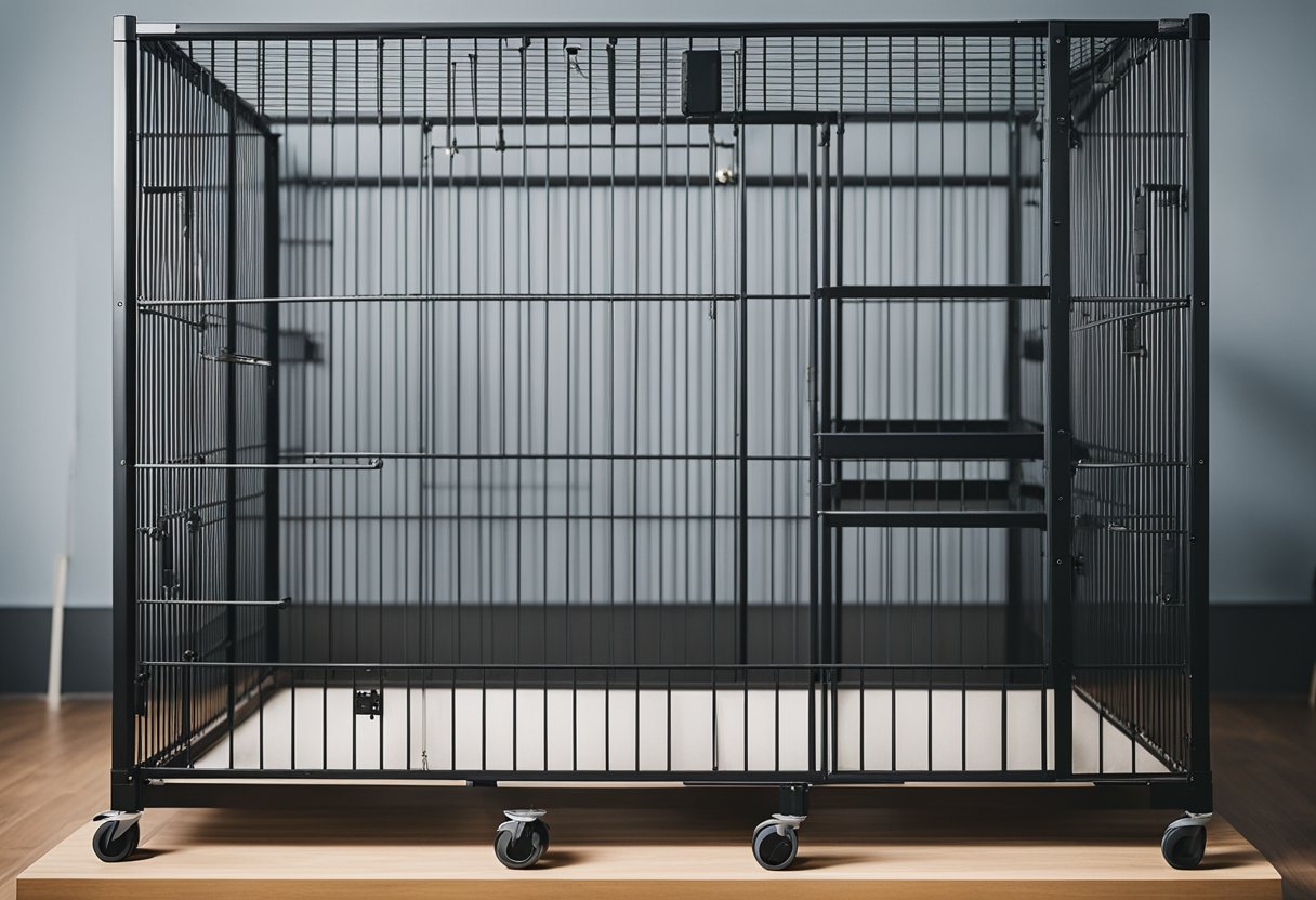 A spacious cage with ramps, hiding spots, and room for toys. Bedding and a wheel for exercise, and a secure door for safety