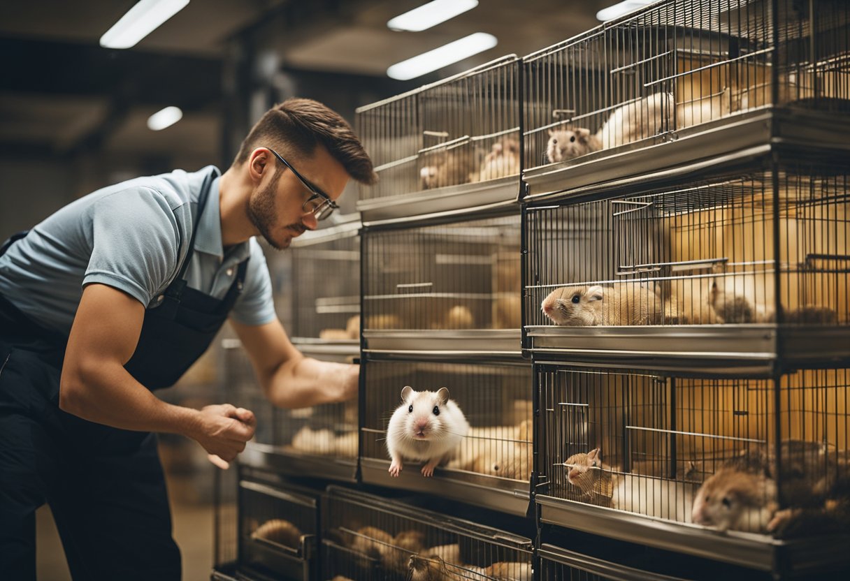 A person examines various hamster cages, comparing sizes and features