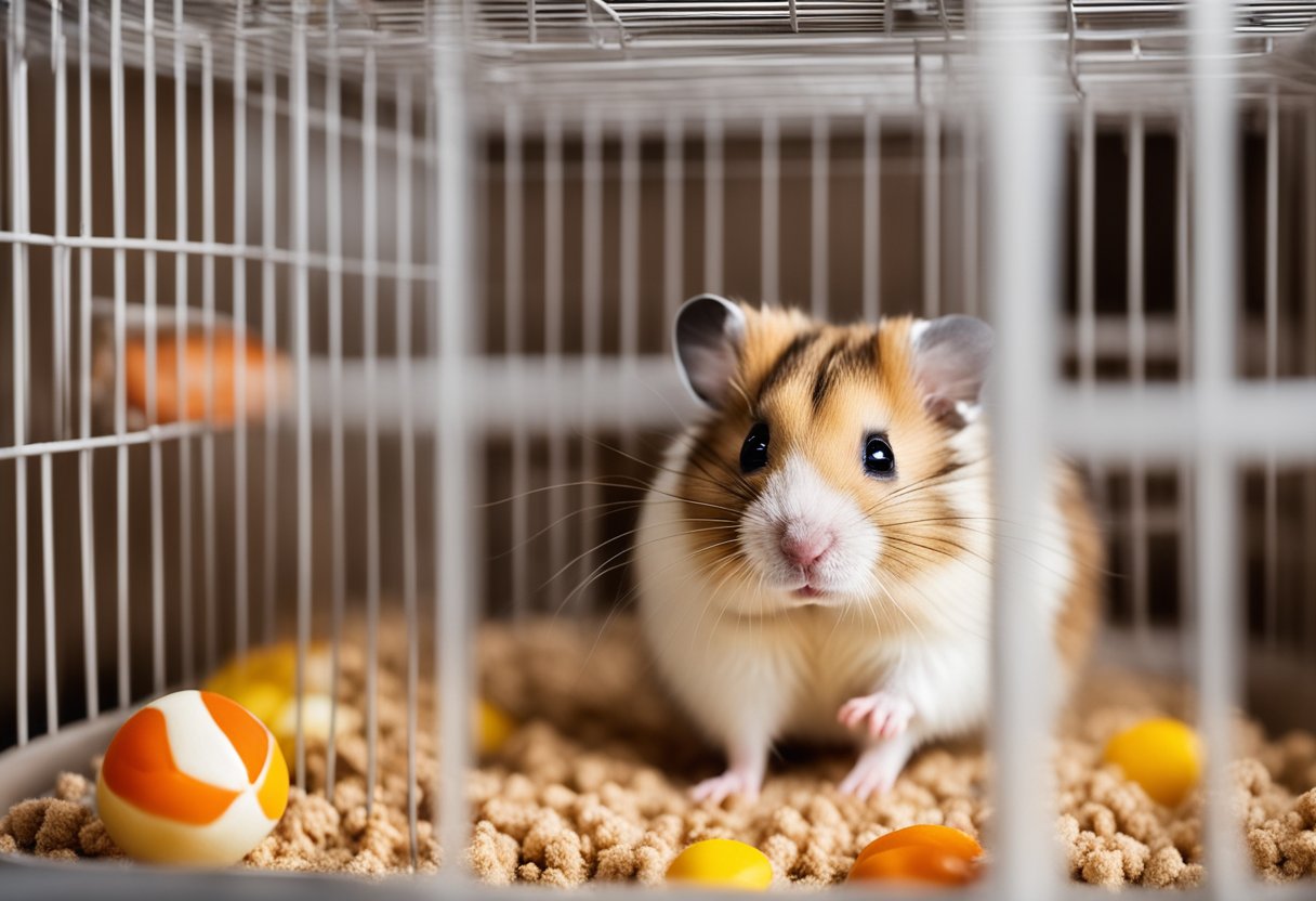 A hamster exploring various cage options with bedding, toys, and water bottle nearby