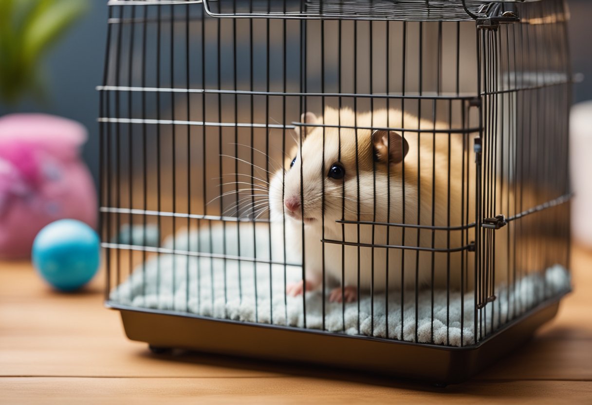 A hamster exploring various cage options with toys and bedding, while a person reads a "Frequently Asked Questions" guide
