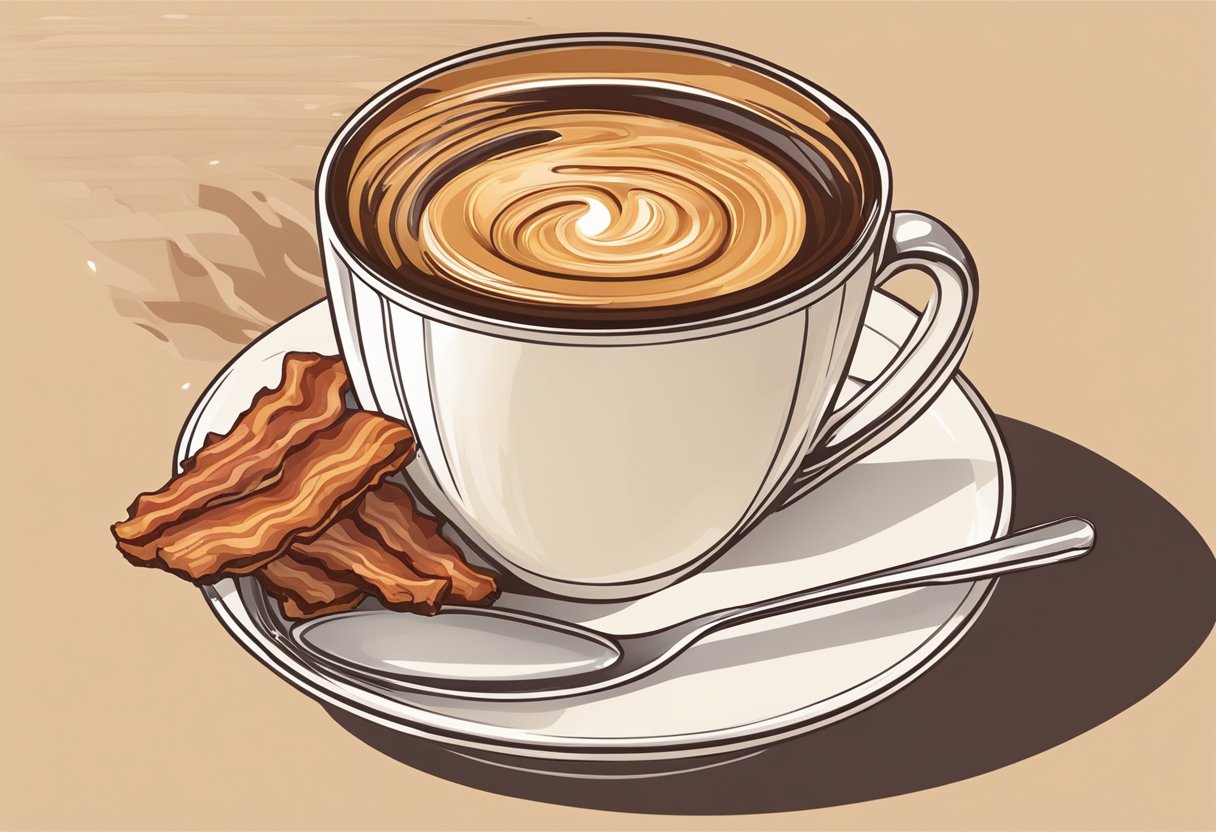 A steaming cup of coffee with bacon fat swirling on top, surrounded by strips of crispy bacon and a hint of maple syrup