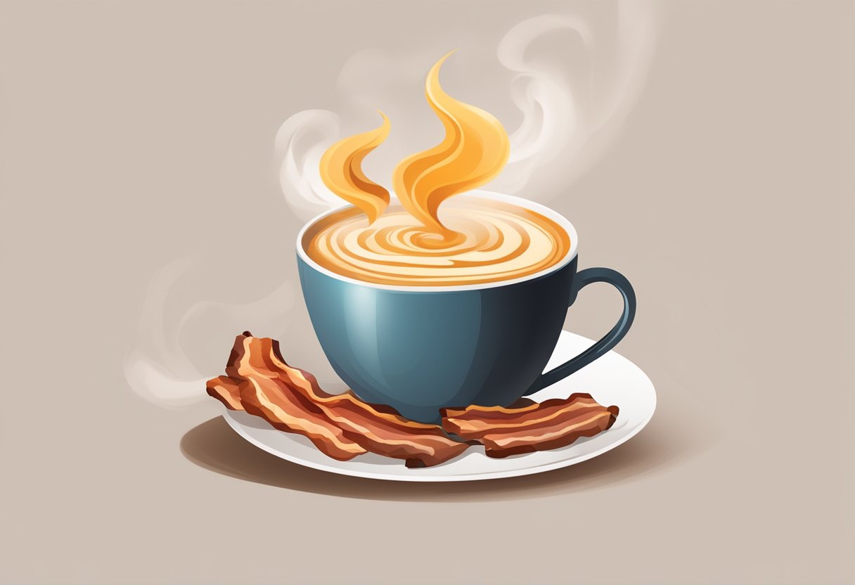 A steaming cup of coffee with a swirl of bacon fat floating on top, surrounded by the warm aroma of sizzling bacon