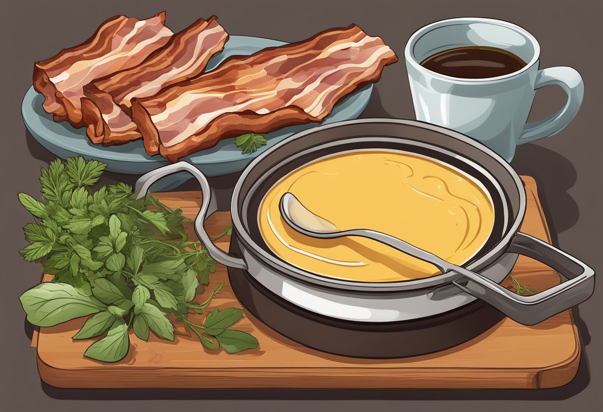 A sizzling pan of bacon fat sits next to a steaming cup of coffee, creating a rich and savory aroma. The ingredients are surrounded by fresh herbs and spices, highlighting the nutritional aspects of the recipe