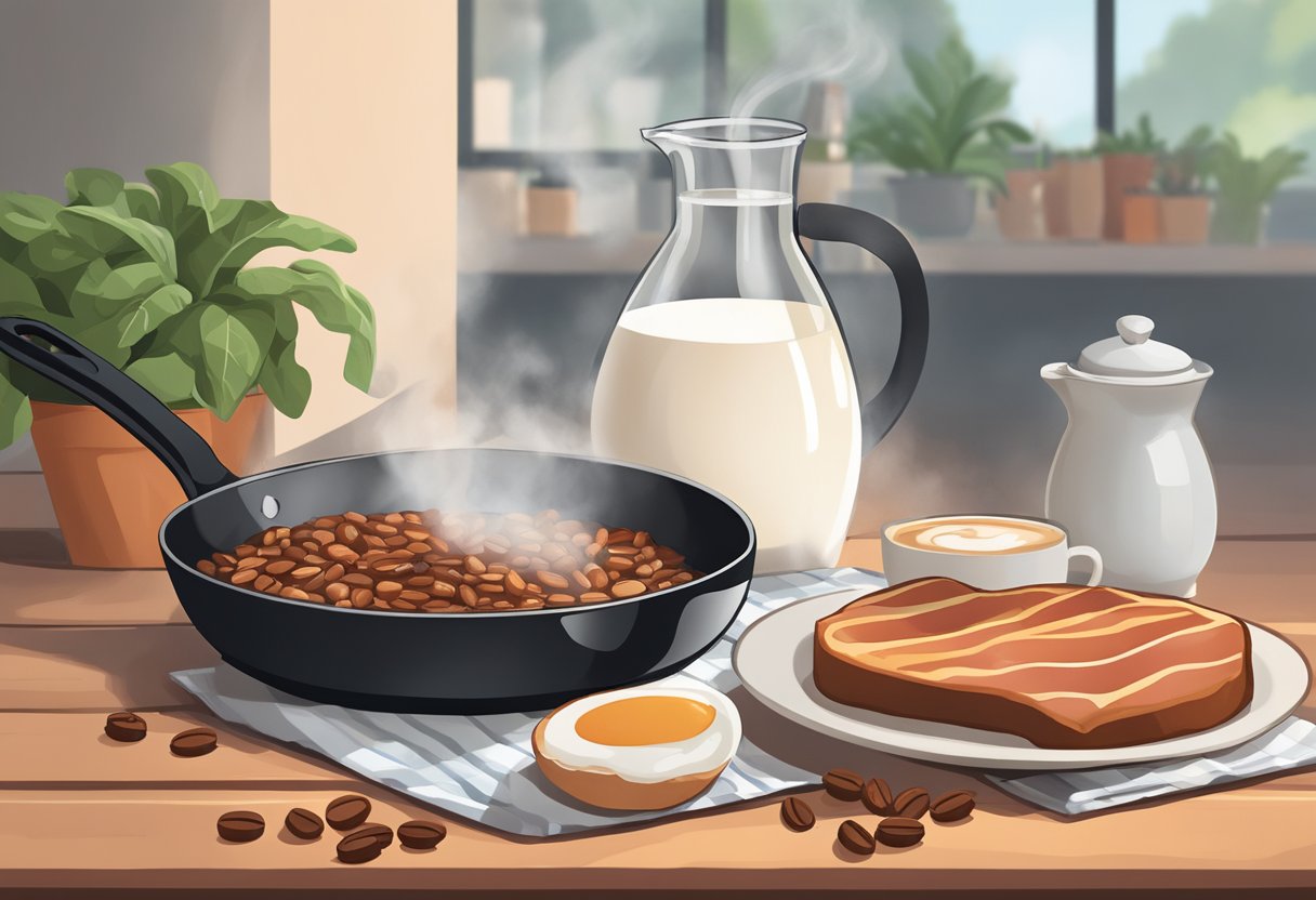 A skillet sizzles with bacon fat, next to a steaming cup of coffee. A bag of coffee beans and a bottle of alternative milk sit nearby