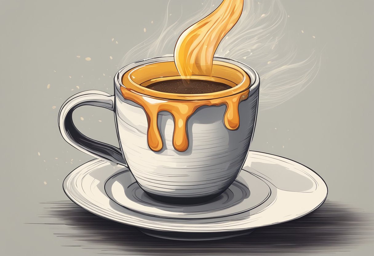 A coffee mug with bacon fat dripping into a steaming cup of coffee, with a faint aroma of sizzling bacon in the air