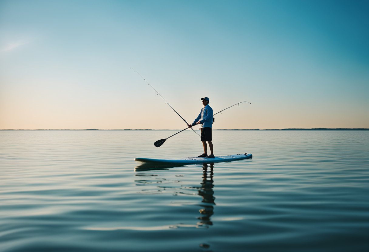 A person standing on a paddle board, holding a fishing rod, surrounded by calm water and a clear blue sky