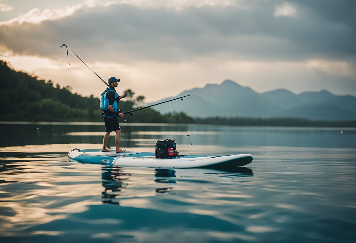 A paddle board anchored in calm waters, with fishing rod holders, tackle box, and cooler on deck. A fish jumping out of the water in the background