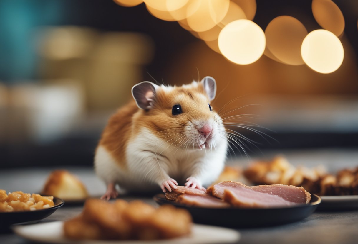 A hamster eagerly nibbles on a small piece of cooked meat, its tiny paws holding it steady as it chews