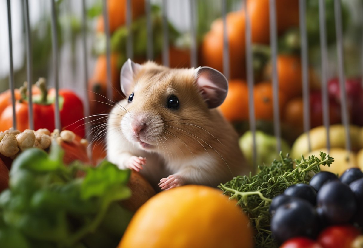 A hamster sits in a cage, surrounded by a variety of fruits, vegetables, and seeds. A small dish of cooked, unseasoned meat sits nearby, untouched