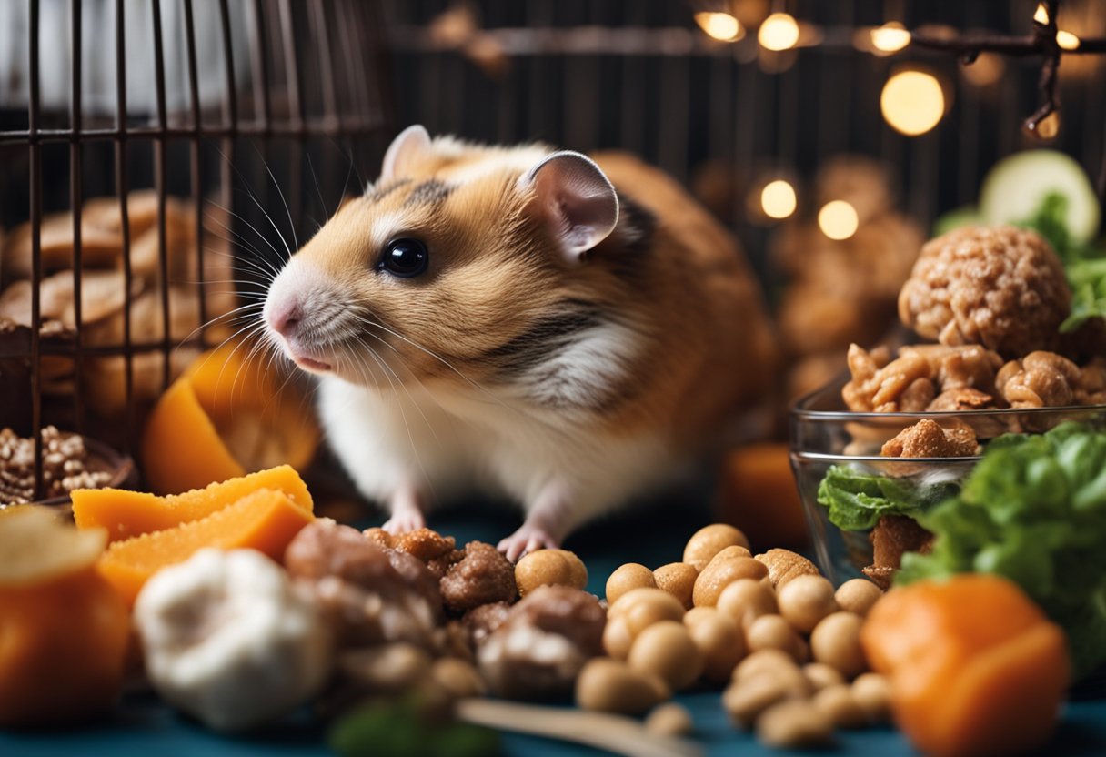 A hamster sits in its cage, surrounded by a variety of food. In the corner, a small pile of meat sits, untouched by the curious creature