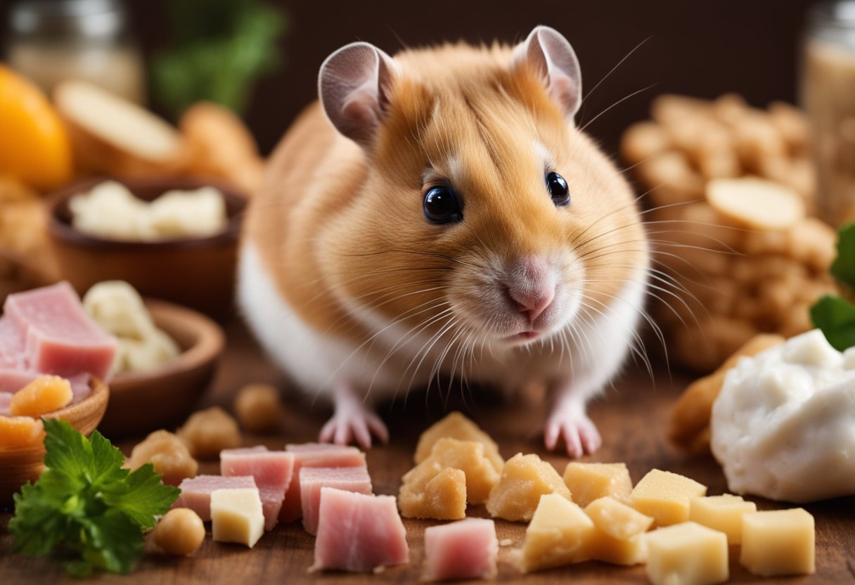 A hamster surrounded by various food items, including meat, with a curious expression on its face