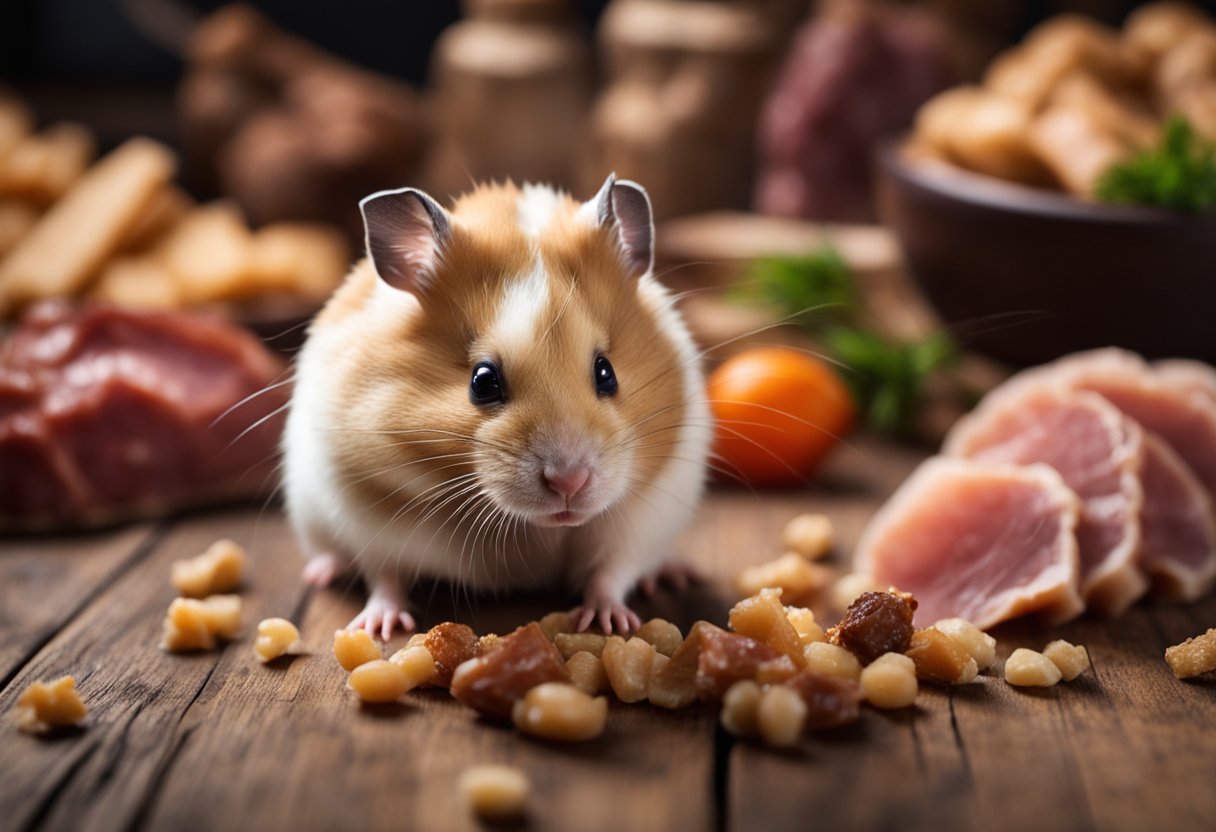 A hamster sits near a small pile of meat, sniffing cautiously