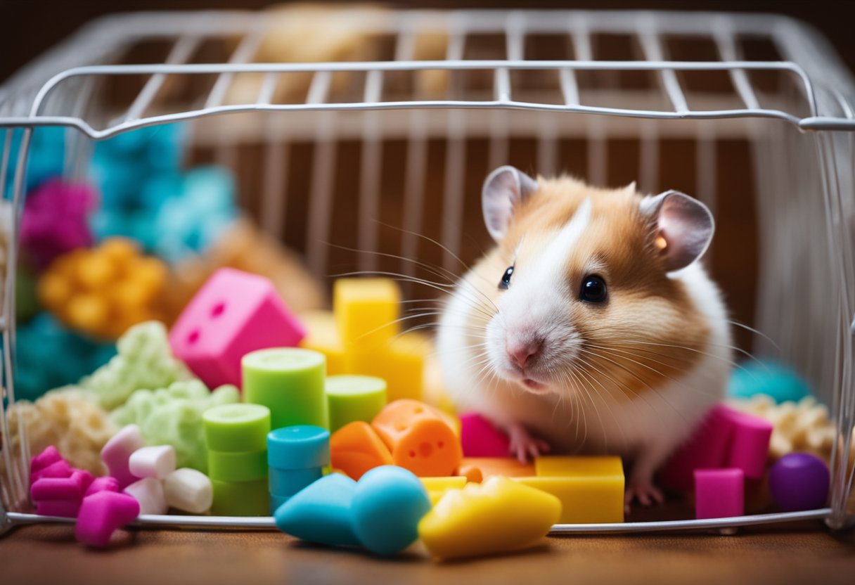 A hamster sits in a cozy cage, surrounded by colorful toys and bedding. A small dish of meat sits nearby as the hamster sniffs at it curiously