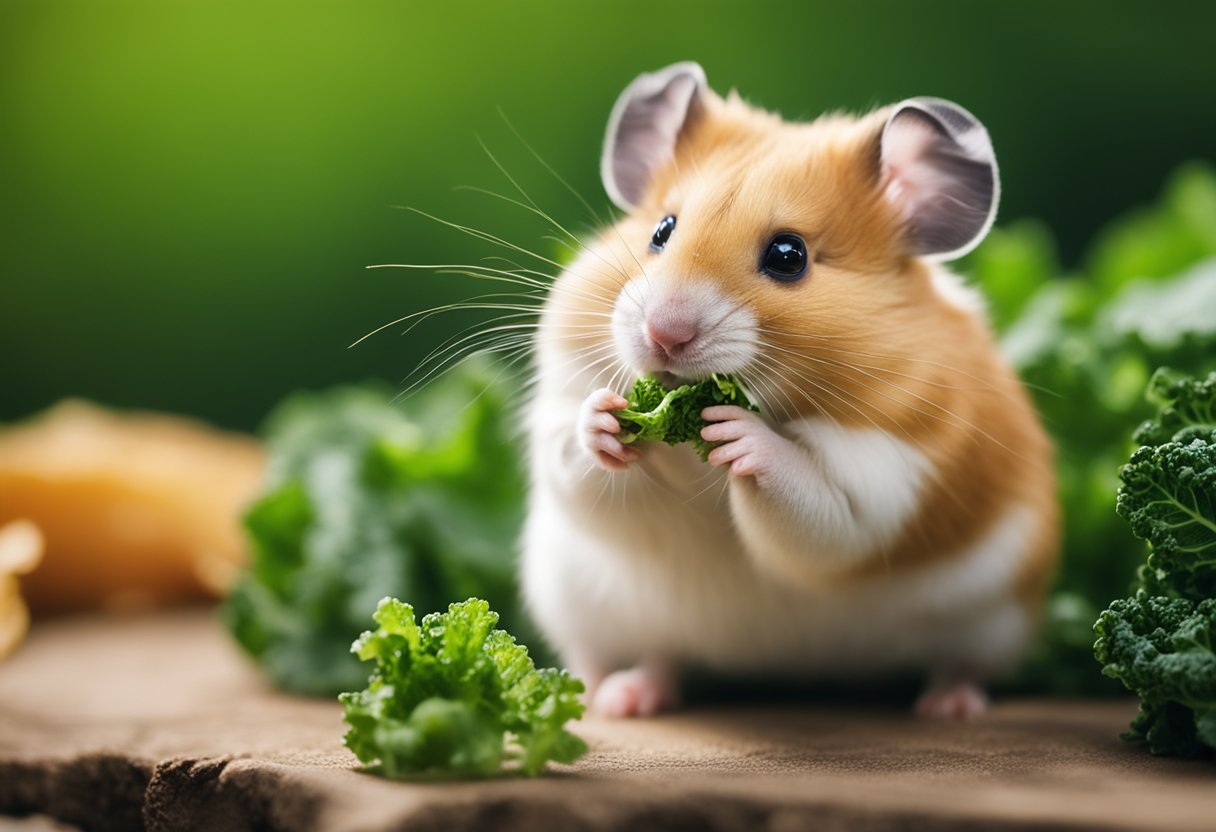A hamster nibbles on a fresh green kale leaf, its tiny paws holding the leaf steady as it chews