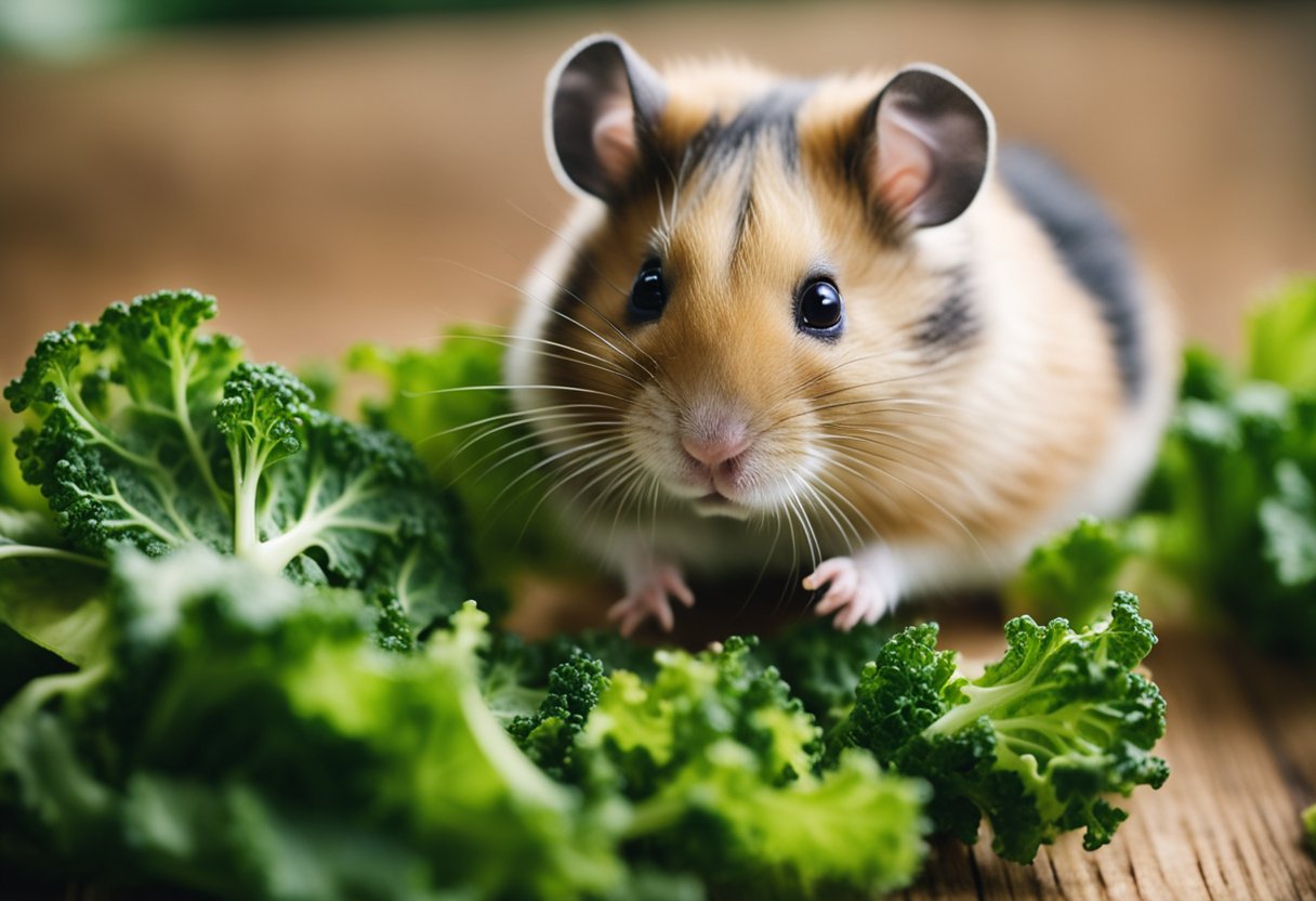 A hamster munches on fresh kale, showcasing the nutritional benefits for hamsters