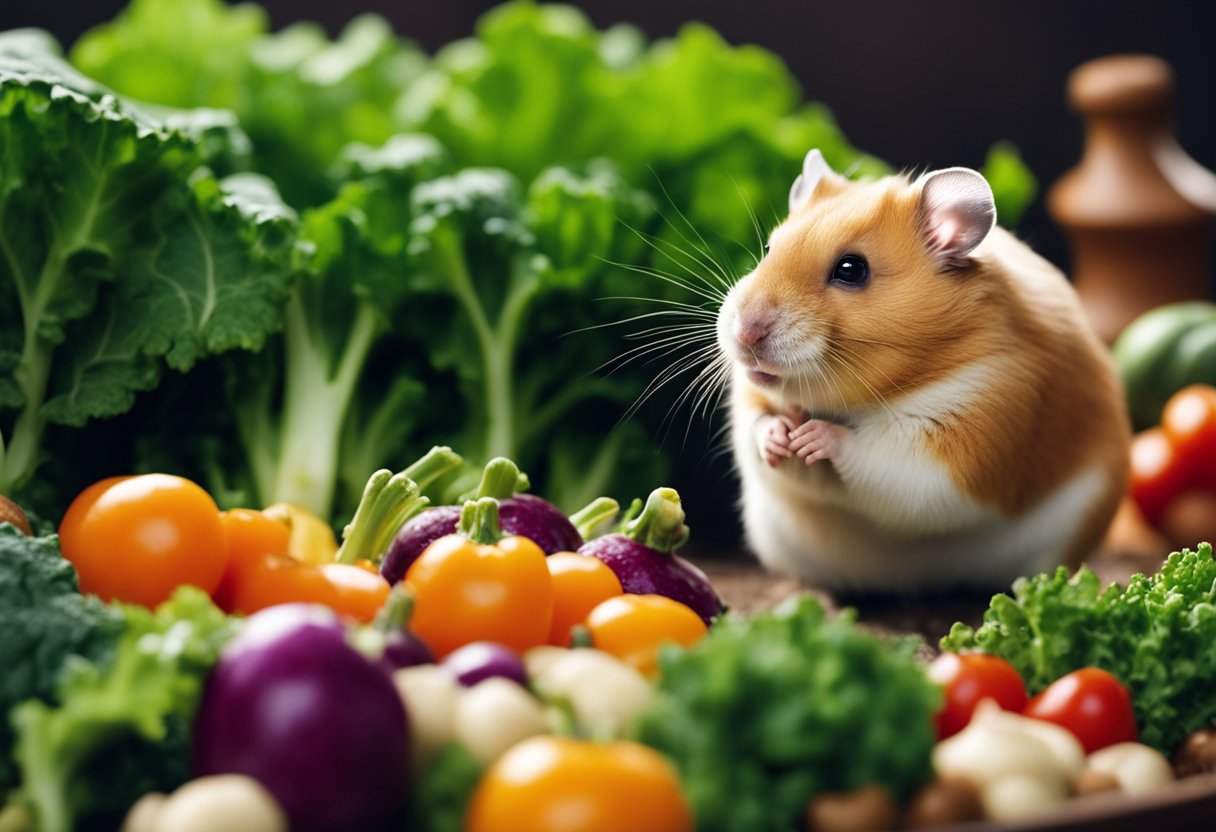 A hamster surrounded by various vegetables, including kale, with a curious expression on its face as it sniffs the kale