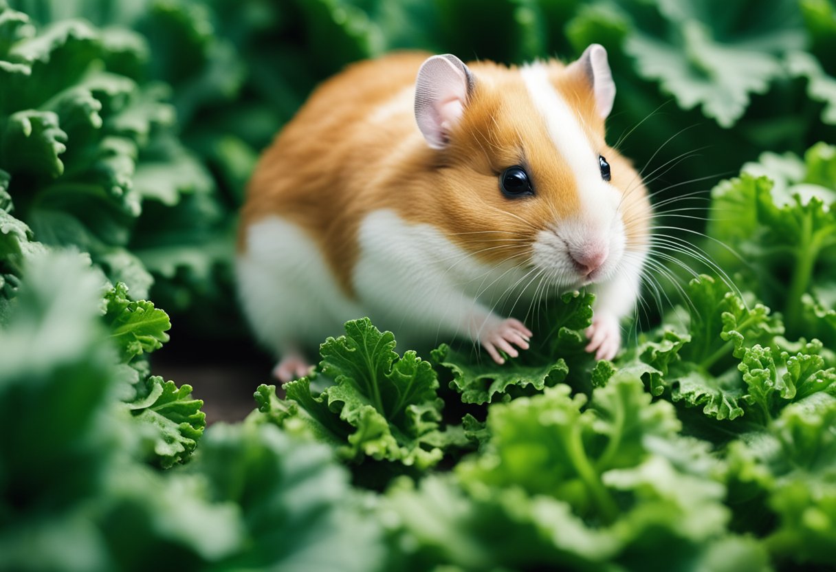 A hamster sitting in front of a pile of kale, sniffing and nibbling on a leaf