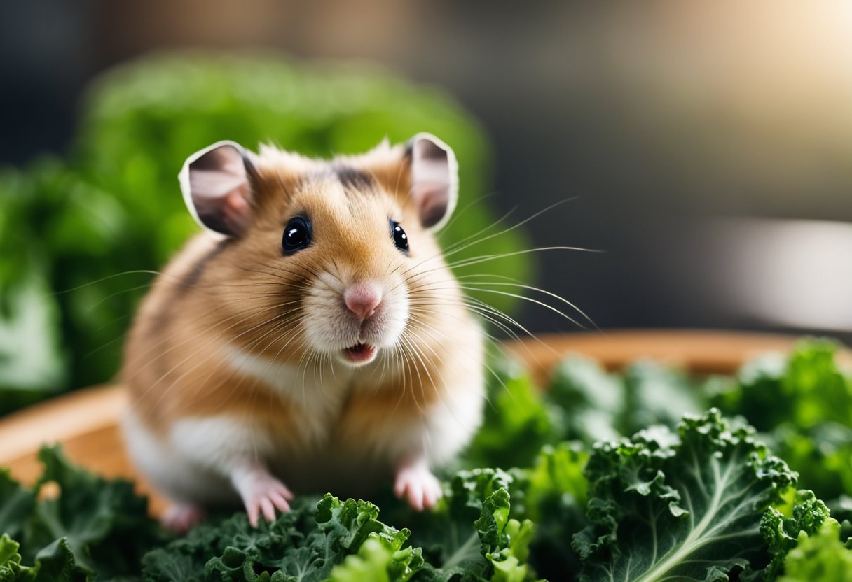 A curious hamster stands before a pile of kale, looking up with inquisitive eyes. The question "Can hamsters eat kale?" hovers above the scene