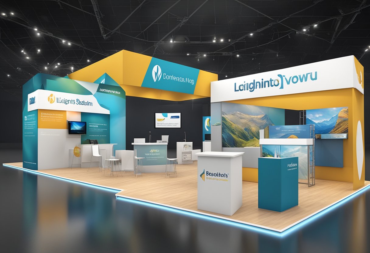 A trade show booth is set up with branded banners, product displays, and promotional materials. A table is adorned with brochures and business cards. Lighting highlights the booth's features