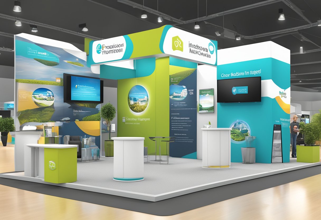 A vibrant trade show booth with interactive displays, engaging signage, and a welcoming atmosphere