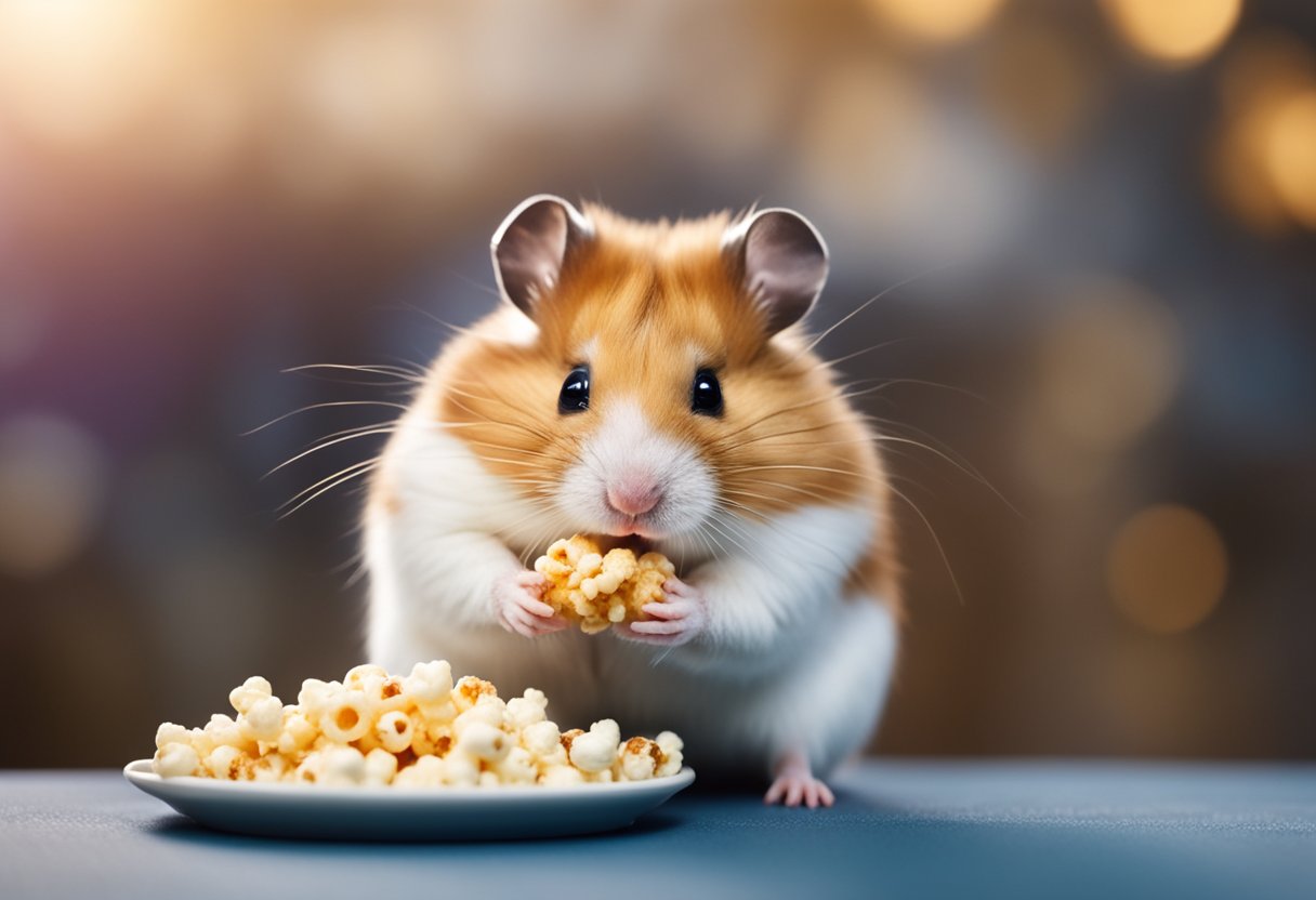 A hamster nibbles on a piece of popcorn, its cheeks bulging with the snack