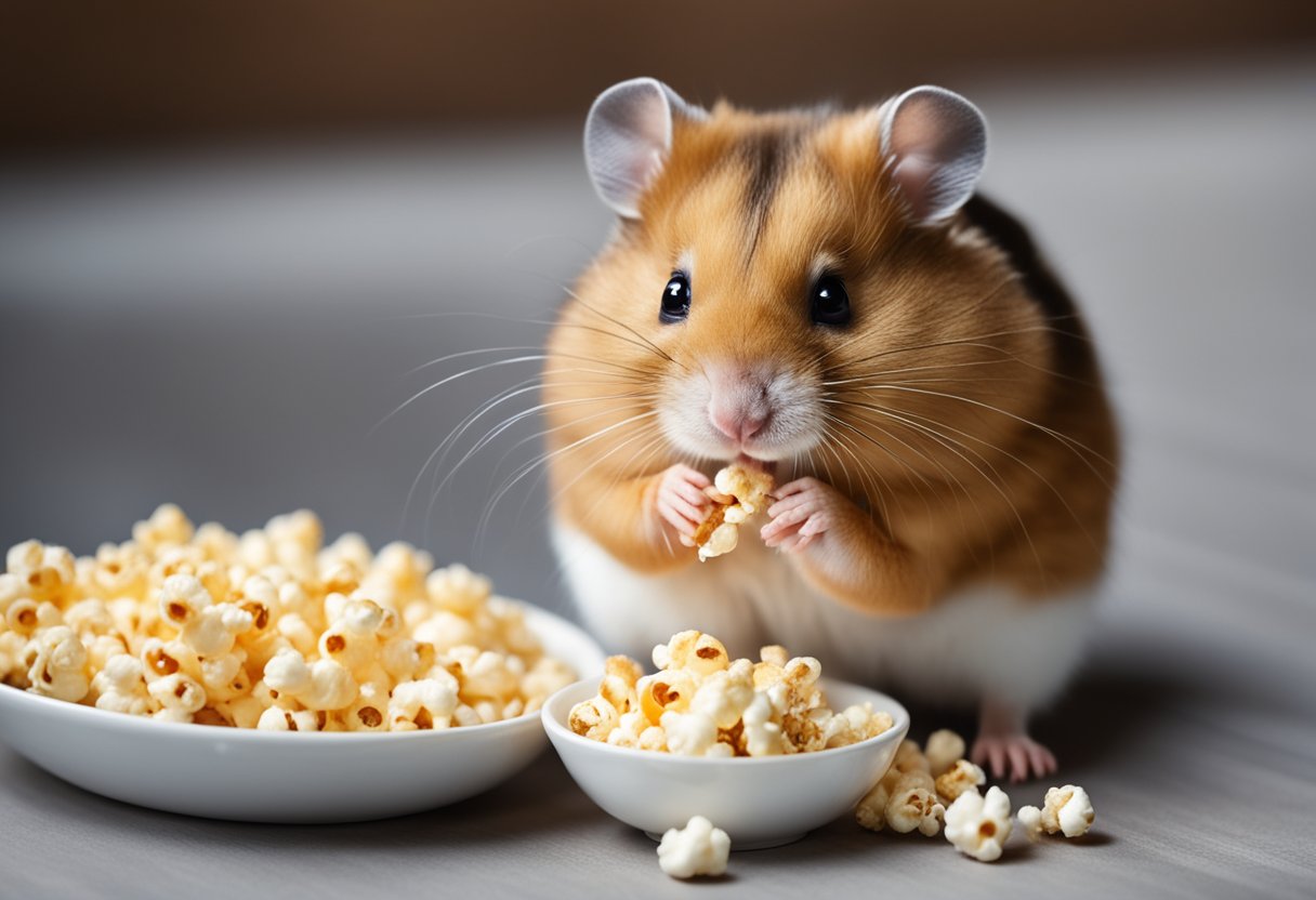 A hamster with a bowl of popcorn, sniffing and nibbling cautiously