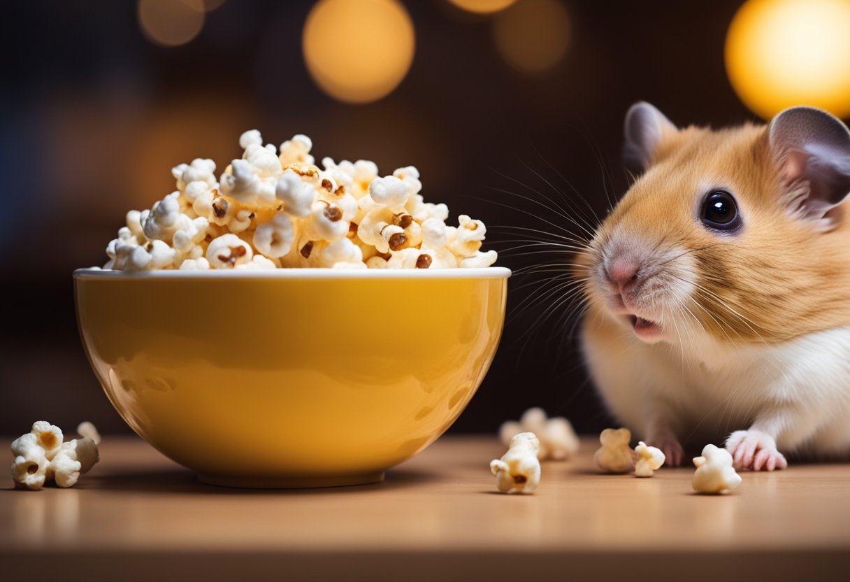 A bowl of popcorn sits next to a curious hamster. The hamster sniffs at the popcorn, wondering if it's safe to eat
