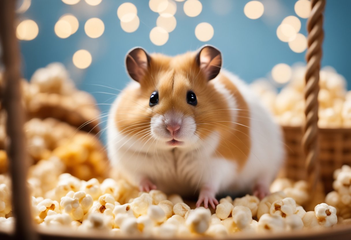 A hamster surrounded by various food items, including popcorn, in a cozy cage setting
