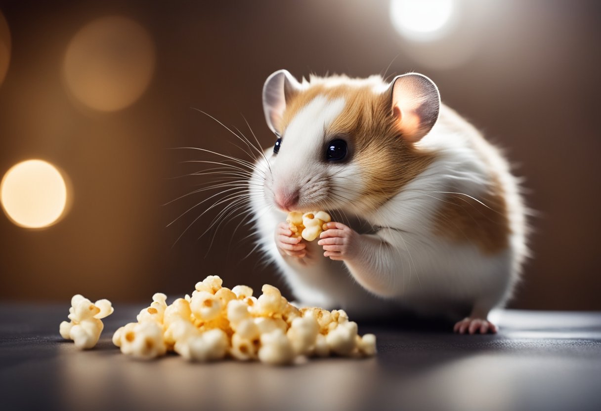 A hamster eagerly nibbles on a piece of popcorn, its tiny paws holding the snack as it munches away