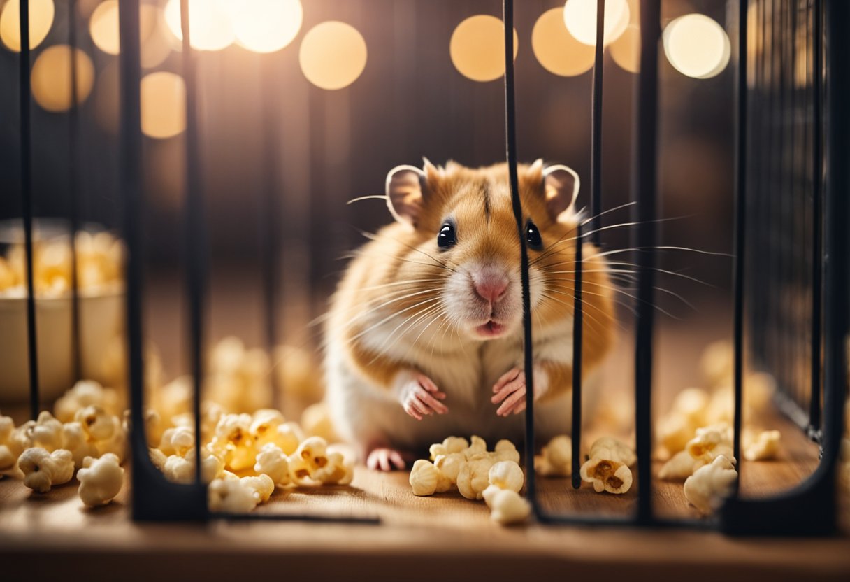 A curious hamster sits in its cage, eyeing a piece of popcorn on the floor. The question "Can hamsters eat popcorn?" hovers above the scene